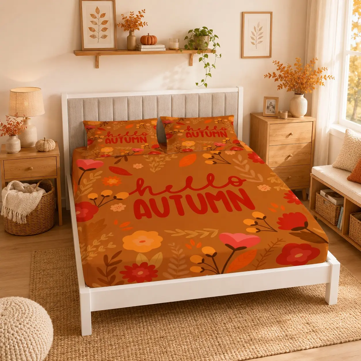 Autumn Floral Hello Autumn Fitted Sheet 3 Piece Set (1 Fitted Sheet + 2 Pillowcases, No Pillow Inserts), Deep Pocket Design, Soft Breathable Fabric, for Teens & Adults Family Bedrooms, Ideal Harvest Festival Gift