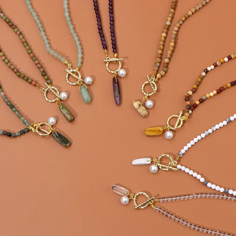 Natural Stone Small Beads Necklace Fashion Long Tooth OT Buckle Pendant Necklace for Women Men  Necklace Jewelry