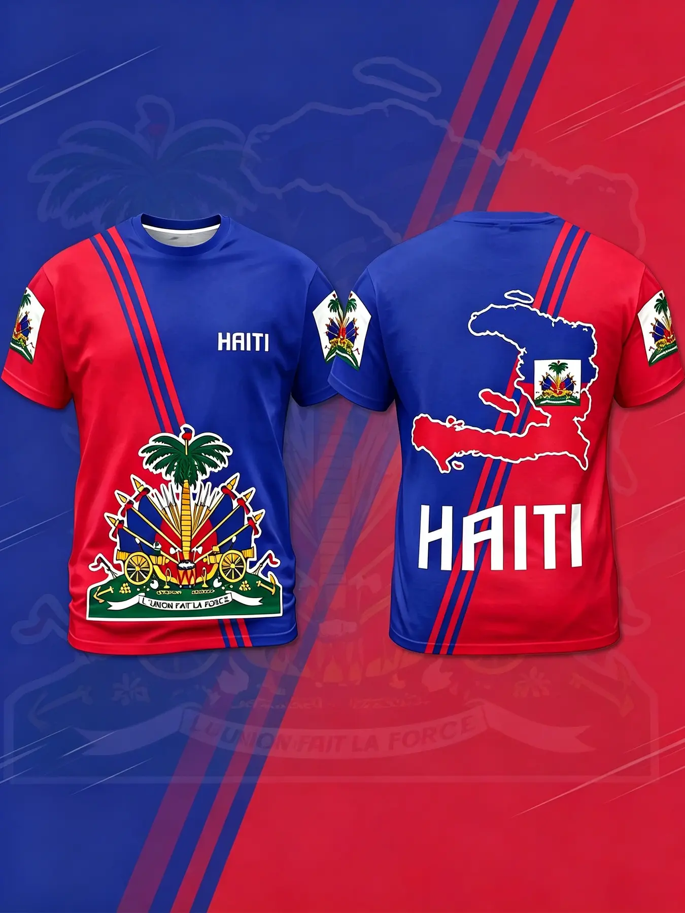 2026 Summer Men's 3D Sweat-Wicking Short Sleeve T-Shirt, Haiti Flag Badge Pattern, Casual Loose-Fit, All Seasons, Polyester Sport Tee