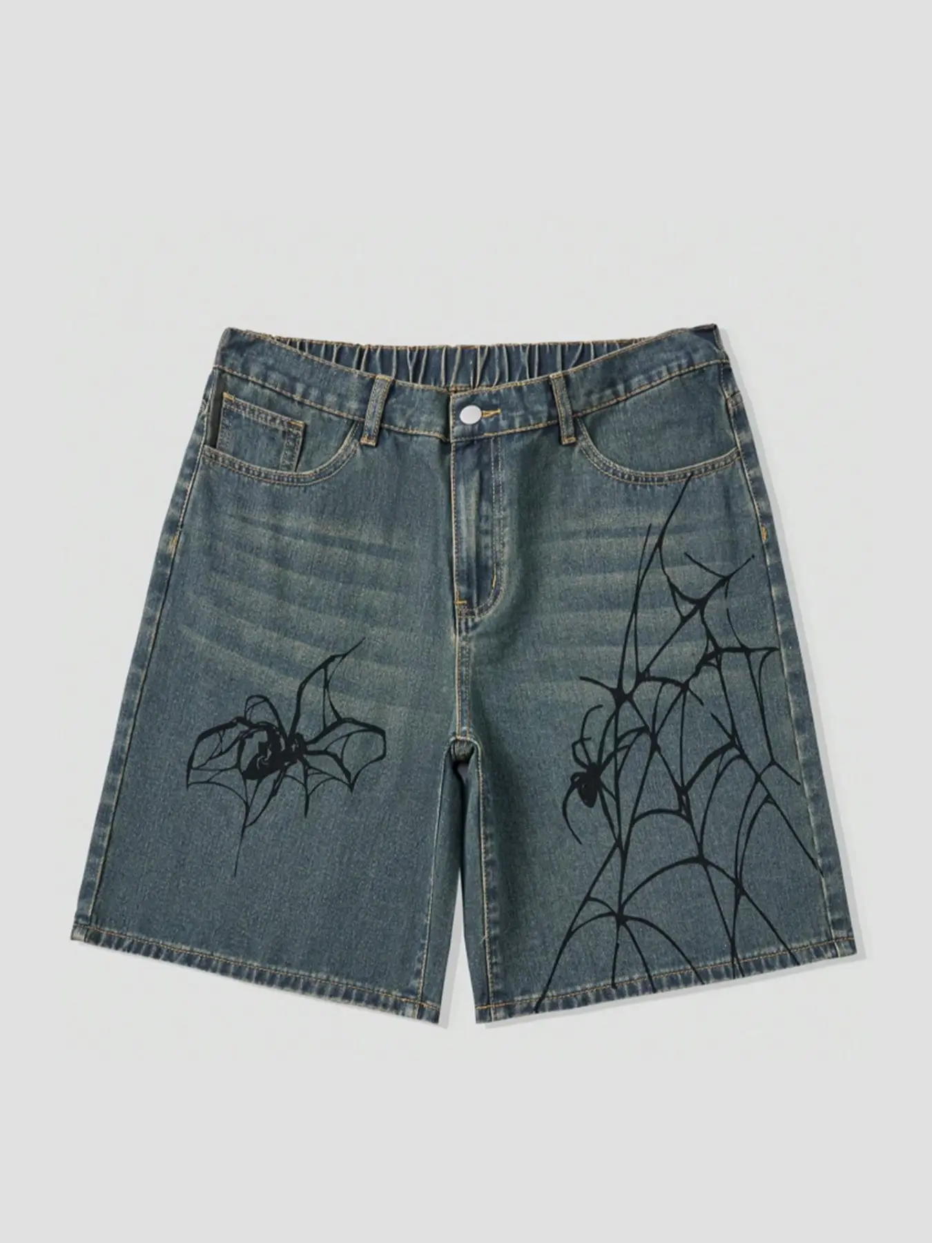 Men's Denim Shorts, Spider Web Pattern Print, Casual Baggy Loose-Fitting, Button Fly, Above the Knee, All Seasons, Street Style, Streetwear