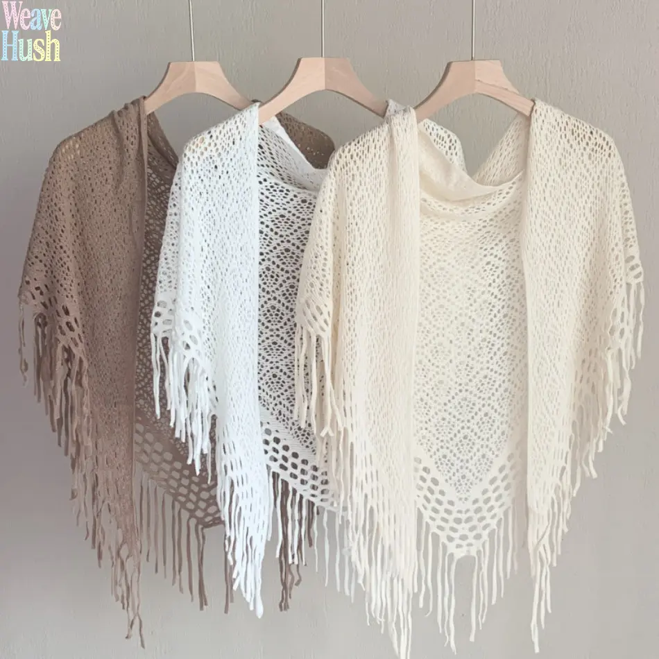 Knitted Fringed Hollow Out Triangle Shawl, Women Autumn Winter Layering Accessory Essentials, Literary Lazy Style Knit Wrap, Versatile Triangle Scarf Outer Layering Shawl for Daily Outfits