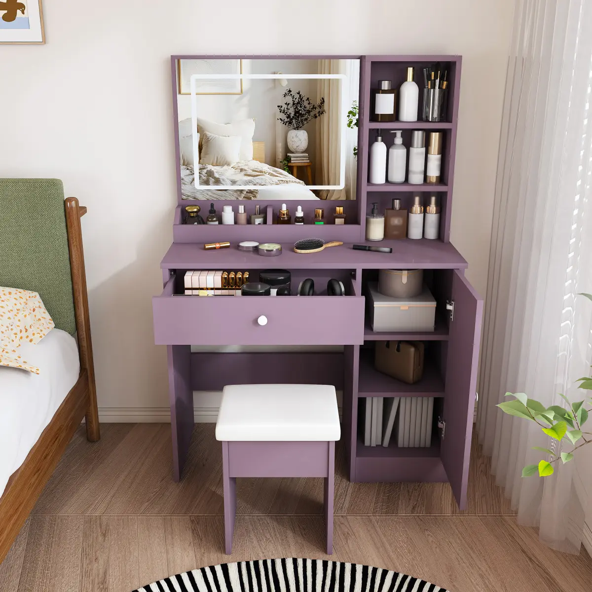 Purple Complete Vanity Set with Matching Stool, 3 Color Dimmable LED Light Mirror, Multi Storage Drawer Cabinet Shelves MDF Makeup Vanity Desk, Multifunctional Dressing Writing Manicure Table for Bedroom Dorm Apartment Easy Assembly xmas gift