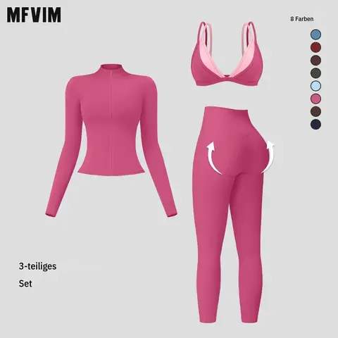 MFVIM Women's 3-Piece Fitted Gym Wear Set - Color-Blocked Mock 2-Piece Sports Bra, Stand Collar Zip-Up Thumbhole Jacket, High-Waist Shaping Pants, Skin-Friendly Second-Skin Gym Suit Set for Yoga Pilates