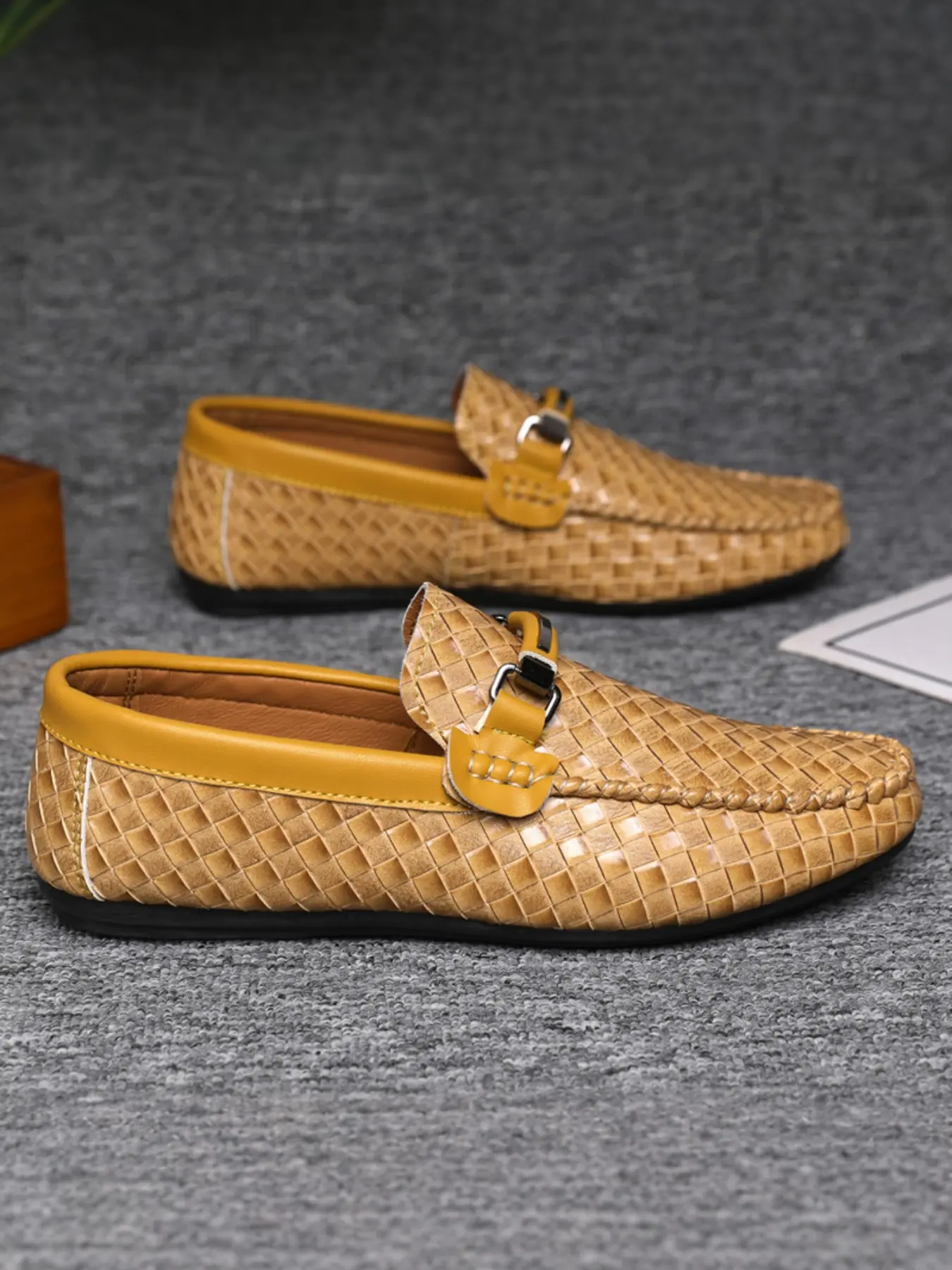 Men's Fashion Loafers, Woven Texture Design, Comfortable Non-Slip Flat Shoes, Casual Office Wear, PU Leather Shoes, Office Commuting Shoes