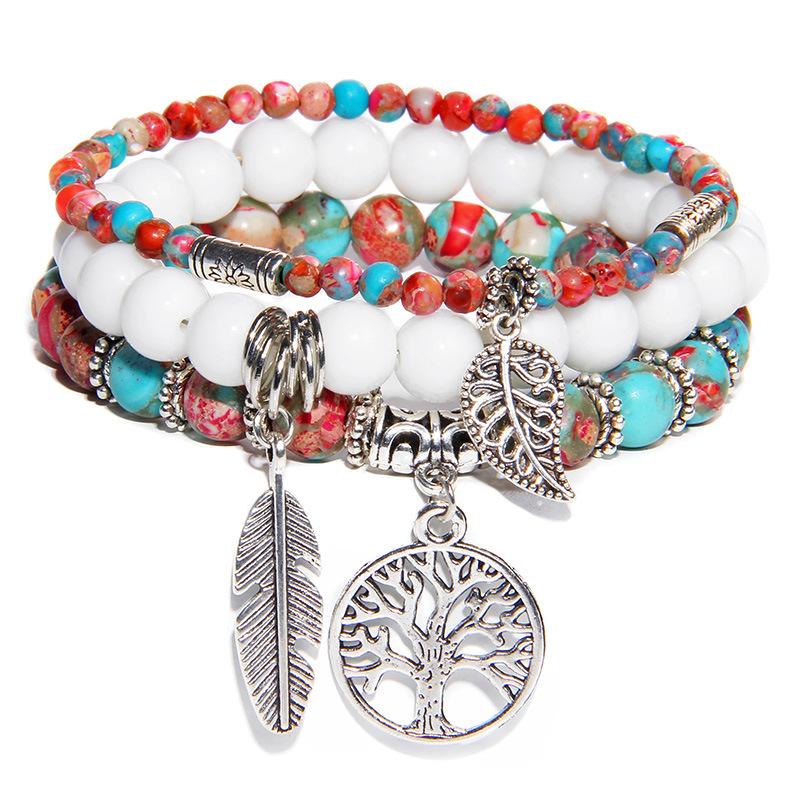 Bohemian style personalized bracelet for women with natural beads, turquoise, and tree of life pendant combination bracelet for women