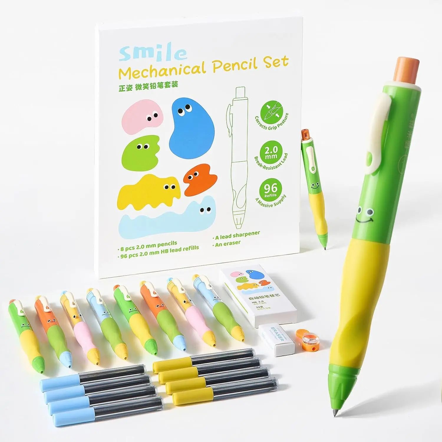 Thick Mechanical Pencil for , Smile Handwriting Pencil with Non-Slip Grip & 2.0mm HB Lead, Break-Resistant, 8 Pack Includes 96 Refills #2, Sharpener & Eraser