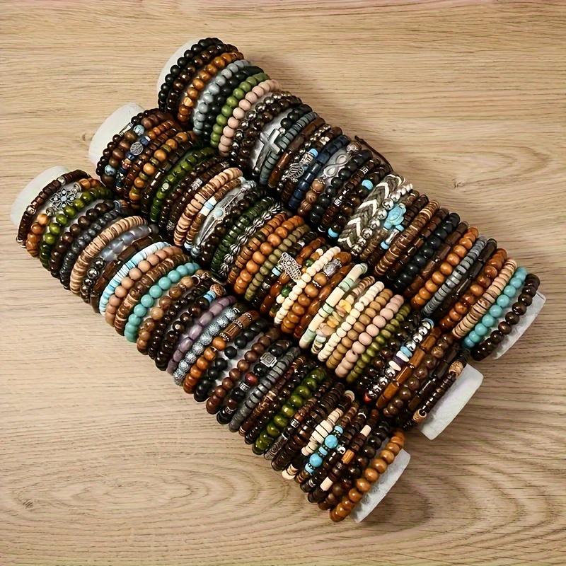 36Pcs Assorted Wooden Beaded Bracelets, Uncoated Metal, Zinc Alloy Charms, Women's Men's Fashion Jewelry, Handmade, Christmas Gift, Random Selection