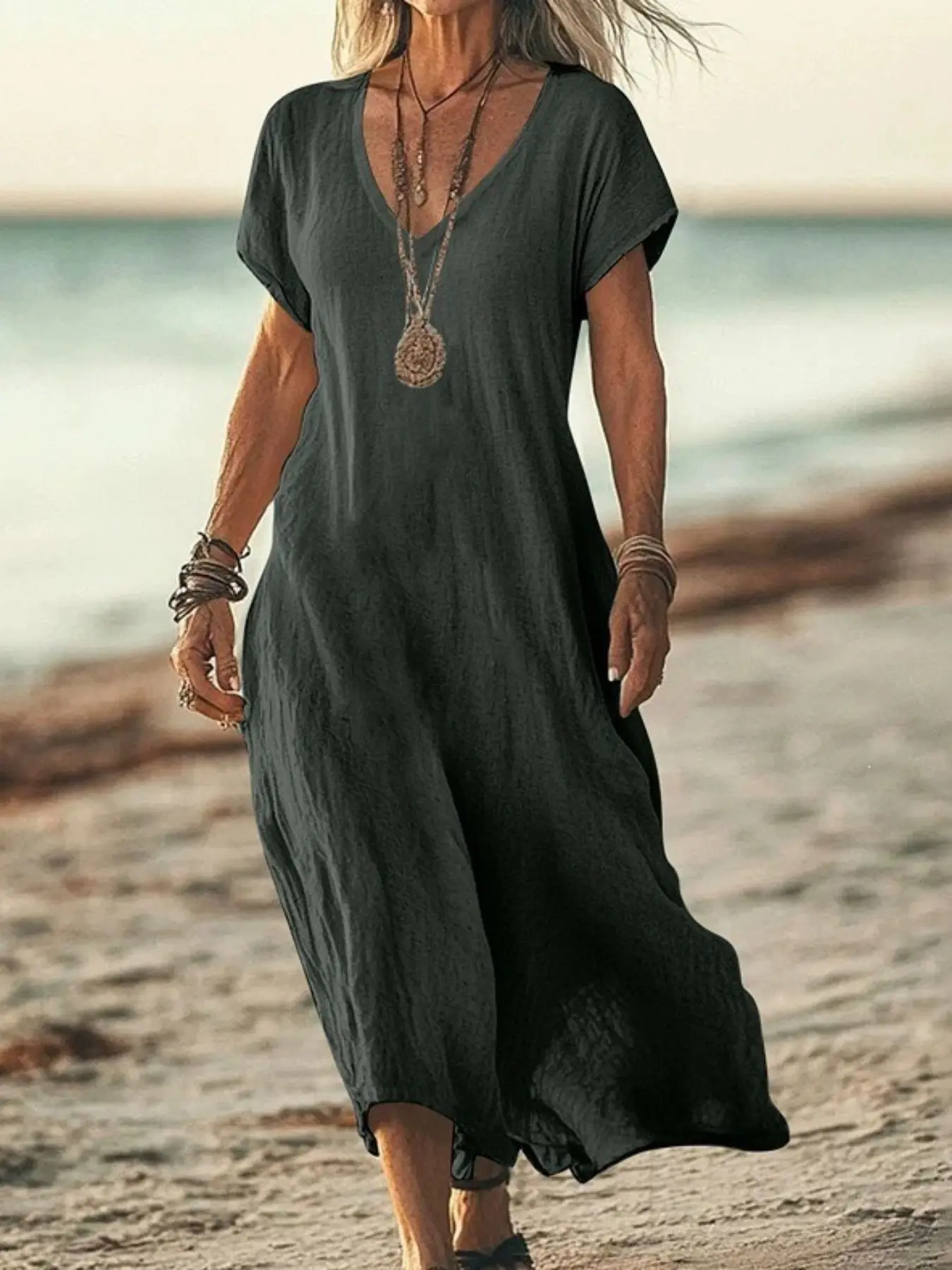 Women's V Neck Maxi Dress, Casual Loose Fit, Short Sleeve Flowy Beach Sundress, Beachwear, Lightweight Summer Vacation Dress, Boho Resort Wear, Holiday Travel