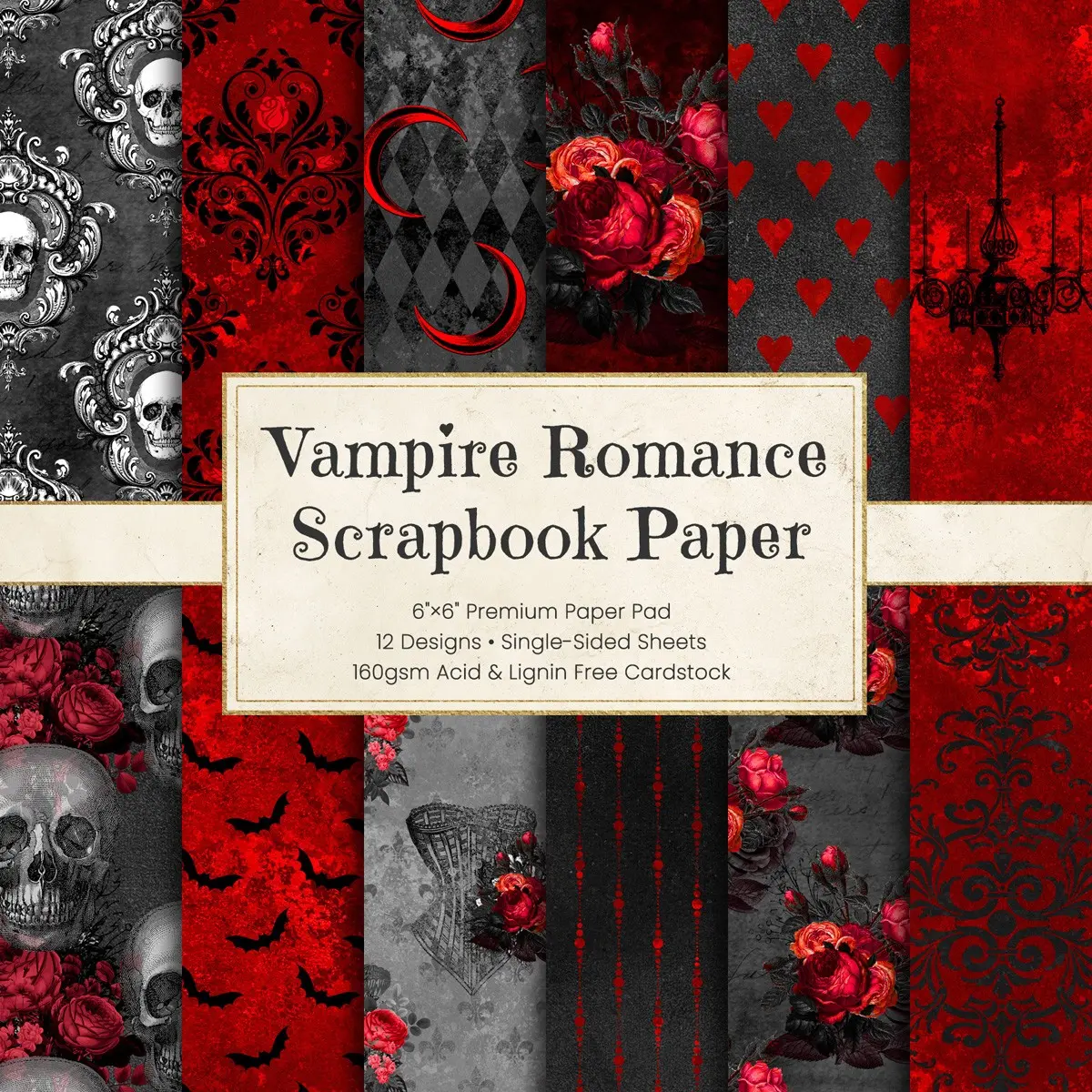 36 Sheets 6-Inch （15.2 X 15.2 cm）Vampire Romantice Scrapbook Decorative Paper, Gothic Style Craft Paper, Perfect for DIY Projects and Creative Crafts