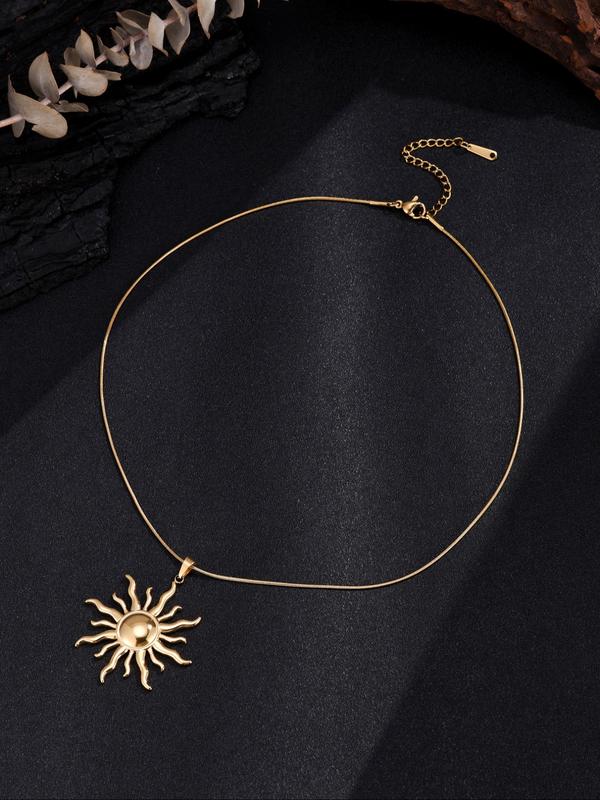 Stainless Steel Sun Pendant Necklace, Fashionable Chain, Elegant Rhinestone Design, Perfect for Daily Wear