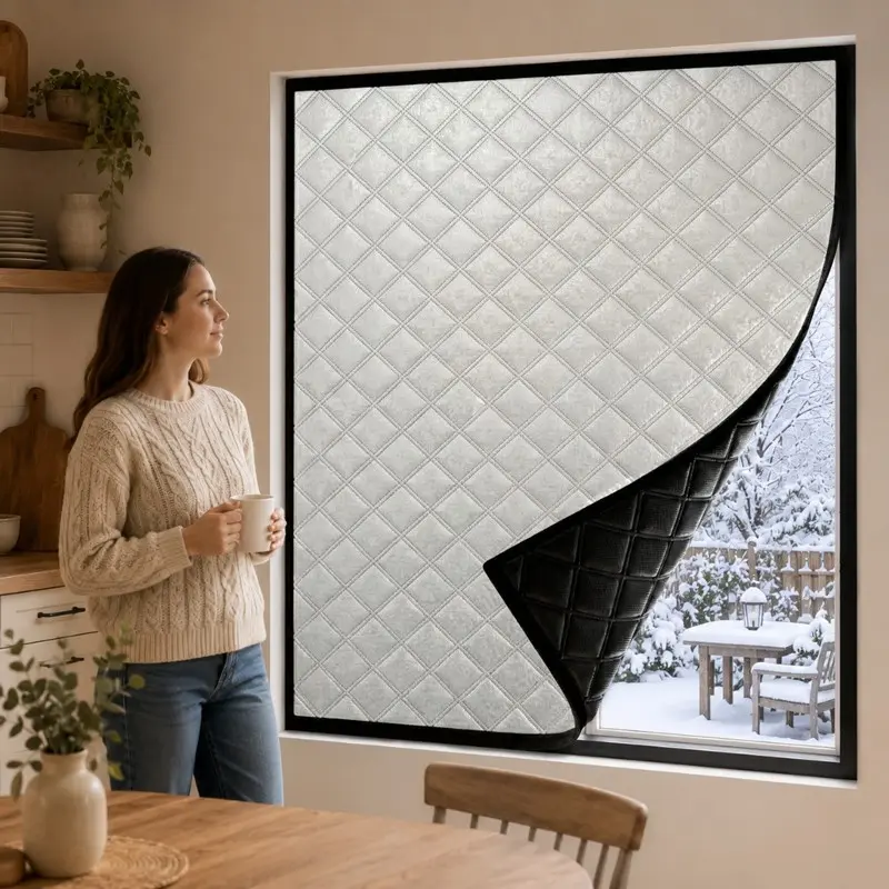 Winter Thick Thermal Window Curtain, Insulated Window Cover, Self-Adhesive No Drill Installation, Windproof Draft Blocking Blackout Shade for Bedroom, Living Room and Home Windows, Blackout Bedroom Curtains