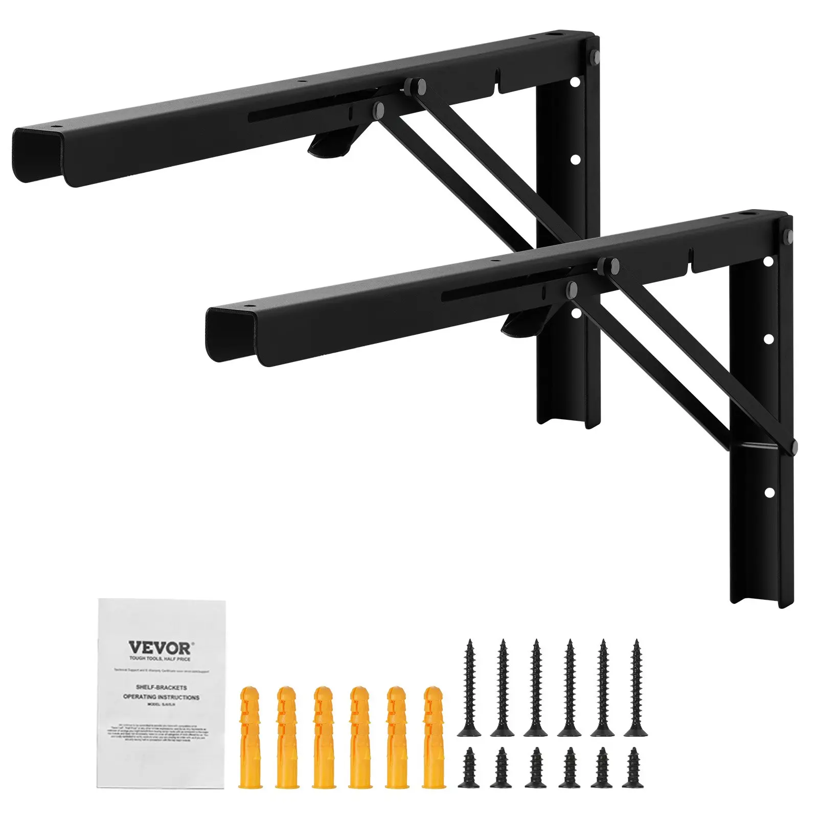 VEVOR Shelf Bracket Foldable, 24" L 2 Pcs, Heavy Duty Floating Shelf Brackets, Brackets for Shelves, 5mm Thick Matte Black L Shelf Bracket, Steel Shelving Brackets with 300 lbs Load Capacity