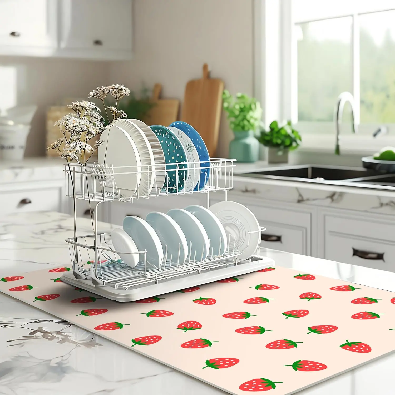 Strawberry Kitchen Decor-Sweet & Practical  Drying Mat,Absorbent and Non-Slip Kitchen Mat for Sink,Dish Rack Coffee Bar,Cute Kitchens Mats that Protects Countertops Dries Dishes  12x20 Inches