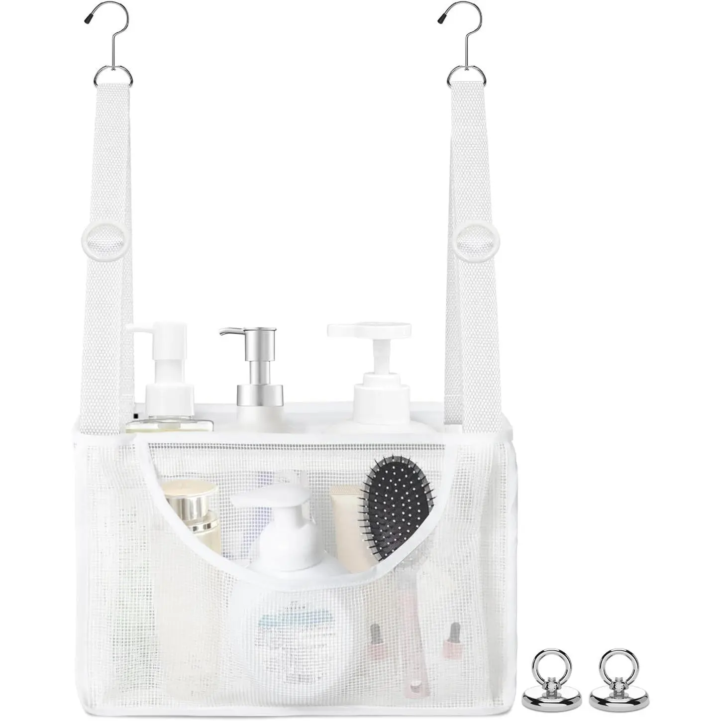 PVC Mesh Hanging Shower Caddy Organizer with 2pc Magnetic Hooks, Portable Adjustable Travel Bathroom Bag with Pockets for RV, Camping, Cruise, Dorm, Gym, White, 12“x5 x7（LxWxH）