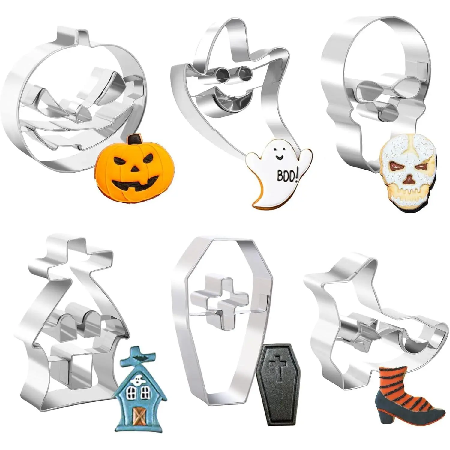 6 count Stainless Steel Cookie  Set, Pumpkin, Skull, , Hunted House, Boots and Coffin Cookie Cutters for Halloween Party Decorations (Halloween)
