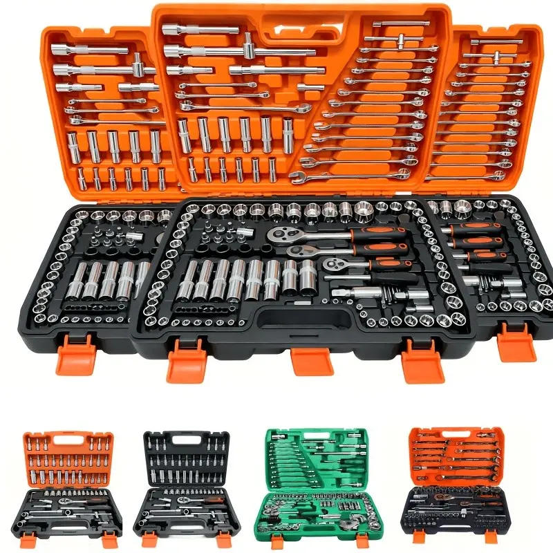 53/82/121/151pcs Heavy-Duty Socket Set, SAE (5/16" to 3/4") & Metric (8-22mm), 1/2" & 1/4" Drive, with Ratchet Handle, Extension Bars & Universal Joints, Car, Ship & Motorcycle Repair Kit