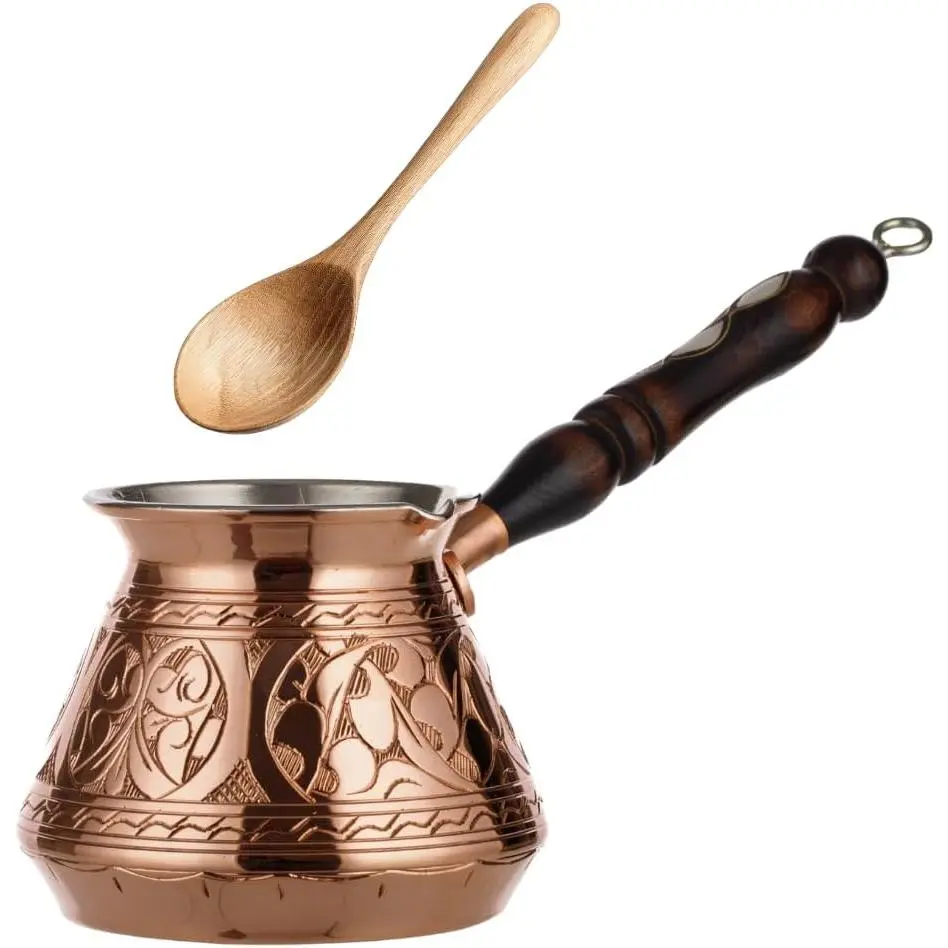 Copper Turkish Coffee Pot Cezve Ibrik Greek Coffee Briki Stovetop Coffee Maker with Wooden Handle & Spoon, 1mm Thick Copper, Handmade & Engraved in TURKEY, 9 fl Oz - 3 Servings