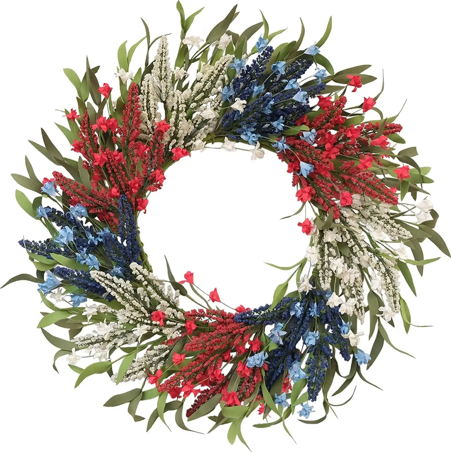 24 Inch Artificial Wheat Wreath for Front Door, Handcrafted Red White Blue Patriotic Wreath with Willow Leaves, Americana Decor for Memorial Day, 4th of July, Independence Day, Summer Holiday