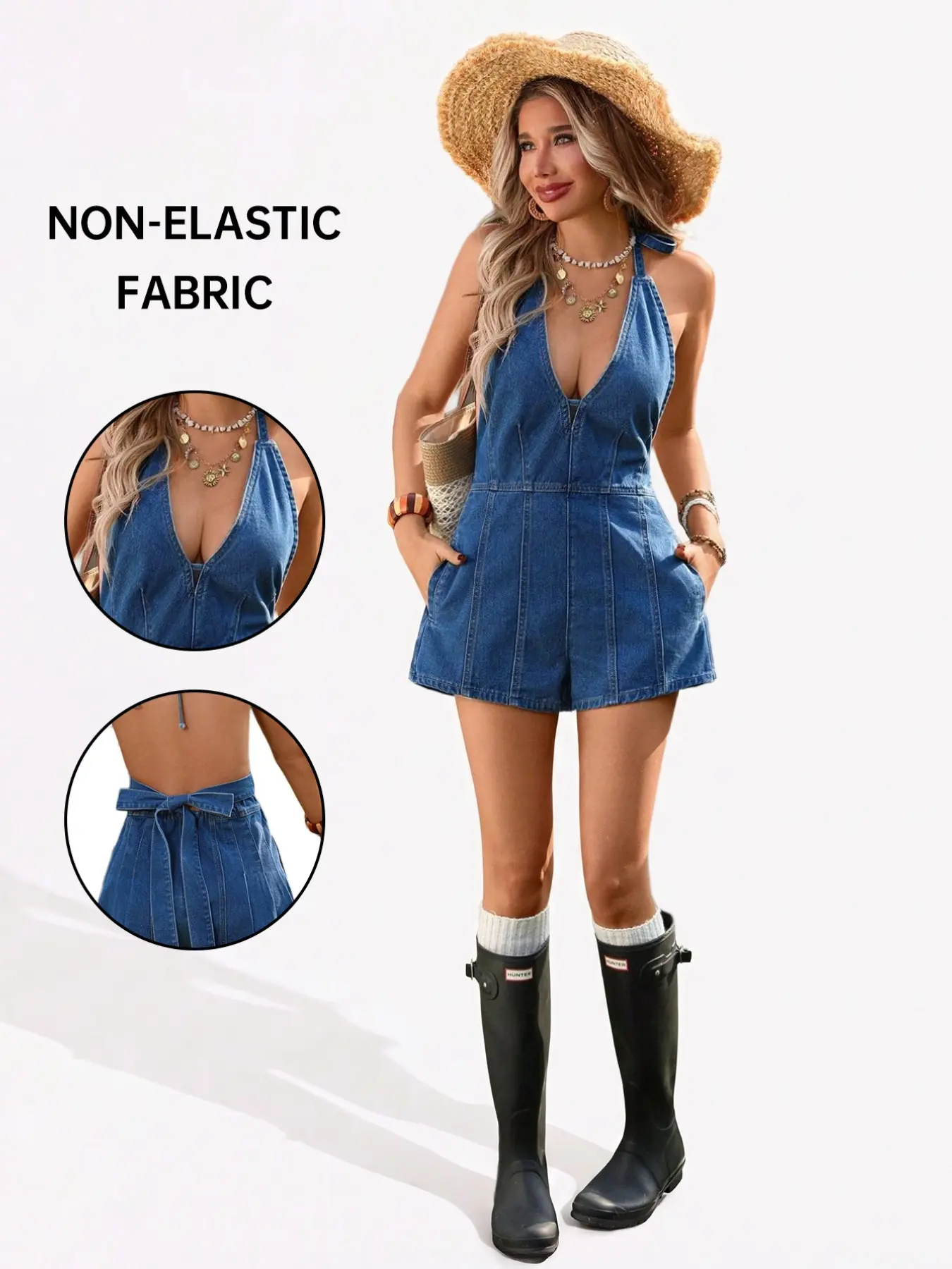 Women's Summer Halter Denim Jumpsuit, Slim Fit Short Length, Sexy V-Neck Backless, Casual Leisure Style, Trendy Fashion for Daily Wear