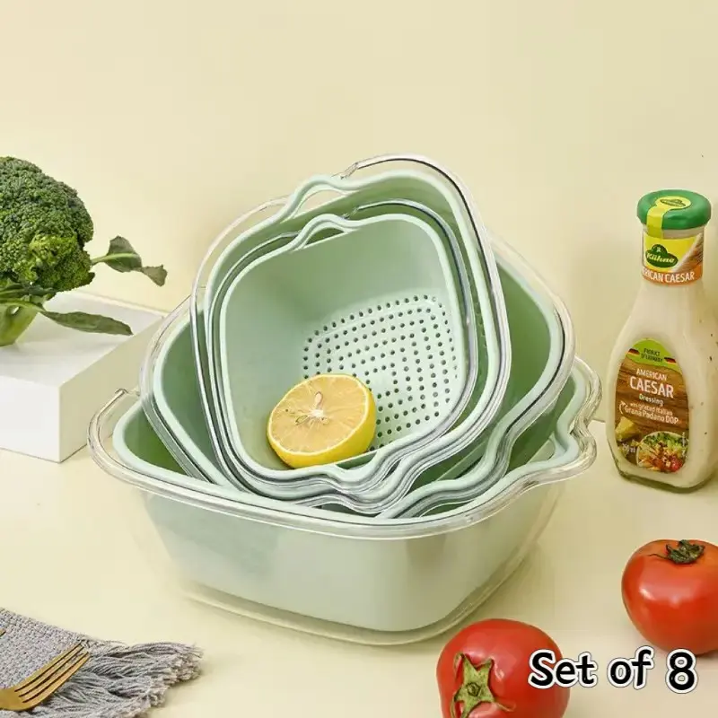 8-Piece Plastic Draining Bowl Set, Stackable Dual-Layer Colander, Food Filter, Fruit and Vegetable Washer, Multi-Functional Dish Rack, Home Accessories