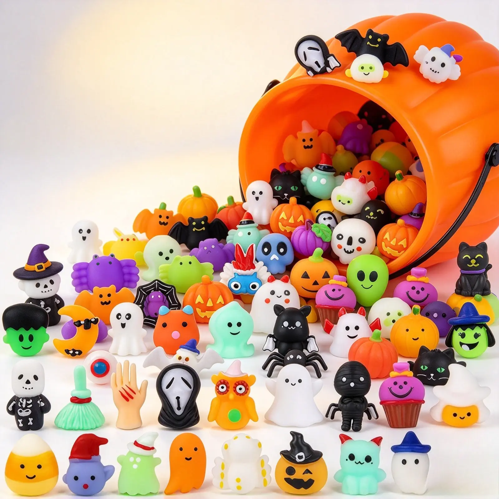 Halloween Squishy Toys, Cute Cartoon Pumpkin Ghost Bat and Cat Figurines, Soft Squeeze Stress Relief Toys for Halloween Decorations, Party Favors and Seasonal Displays