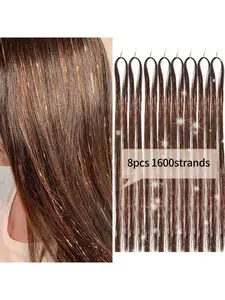 8 pcs Lake Coffee Brown Color Hair Tinsel,Hair Tinsel Kit for Women And Girls Fairy Tinsel Hair Extensions Holographic Hair Tinsel Heat Resistant Colored Hair Glitter Christmas Party Festival