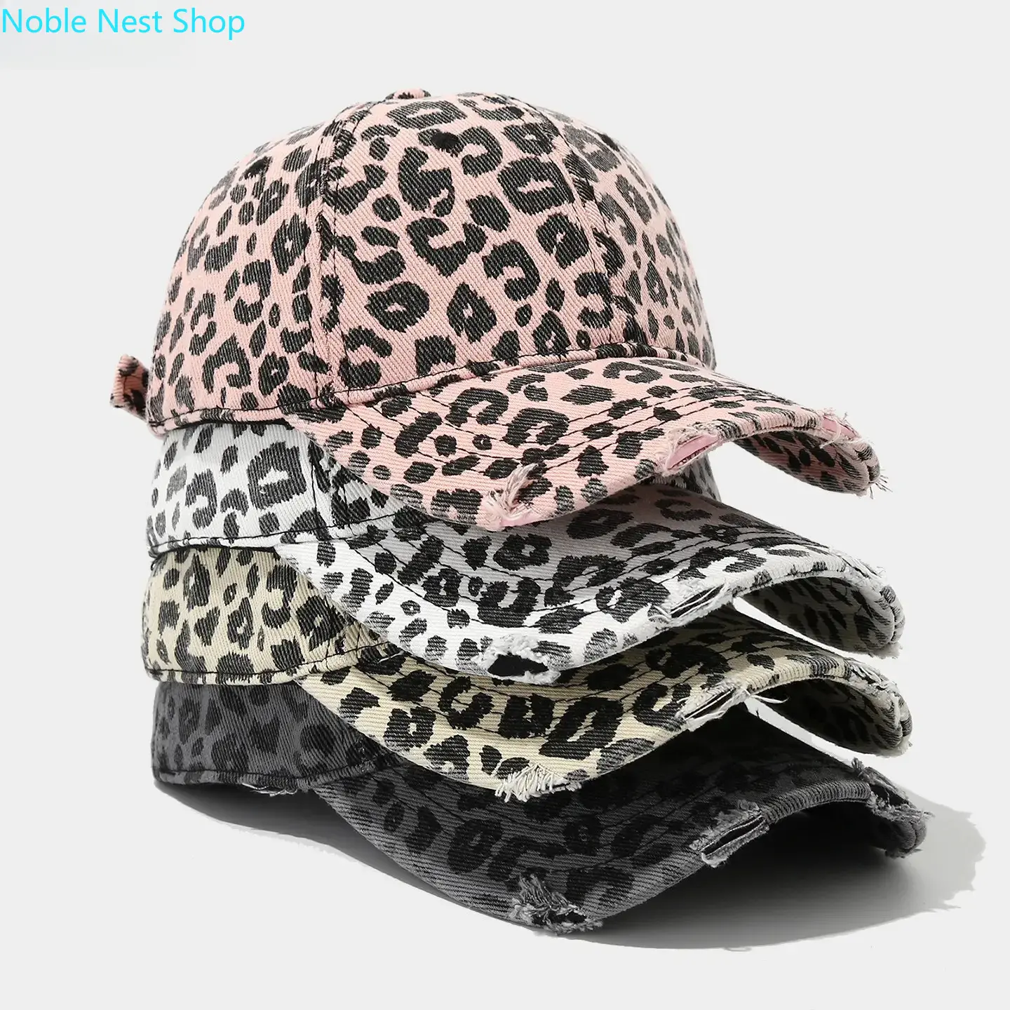 Vintage Washed Leopard Print Baseball Hat, Frayed Brim Adjustable Sun Cap Casual Streetwear for Women