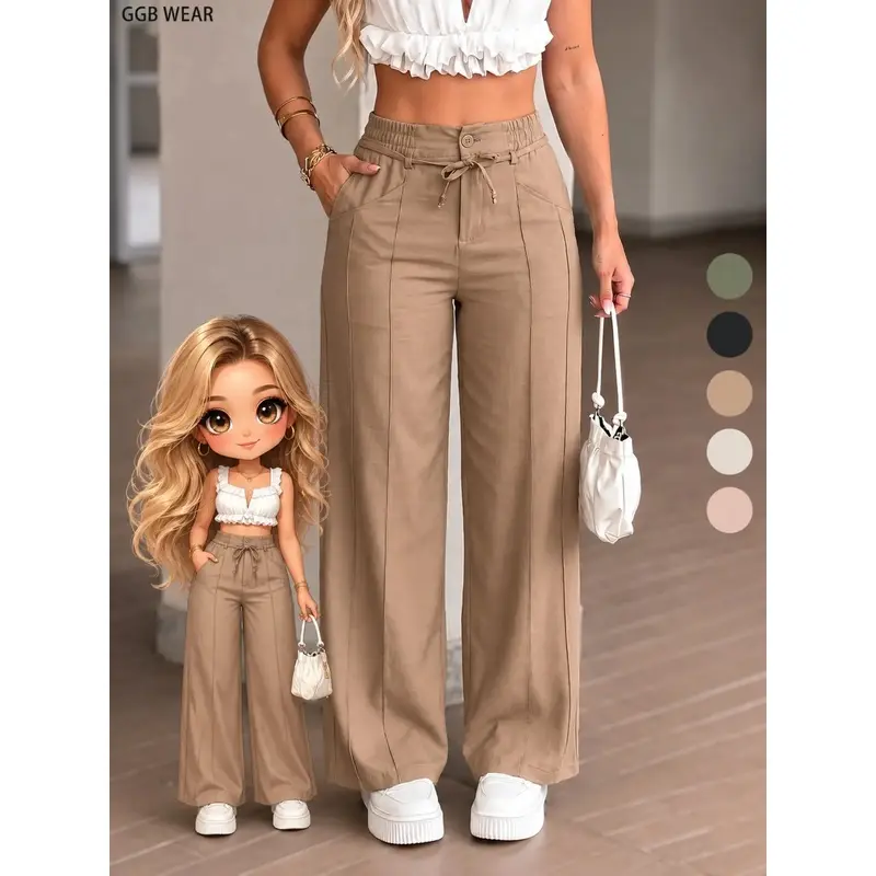 Women's Clothing New Summer Adjustable Drawstring High-Waist Wide-Leg Floor-Length Pants - Casual Chic Versatile Bottoms for Everyday Use