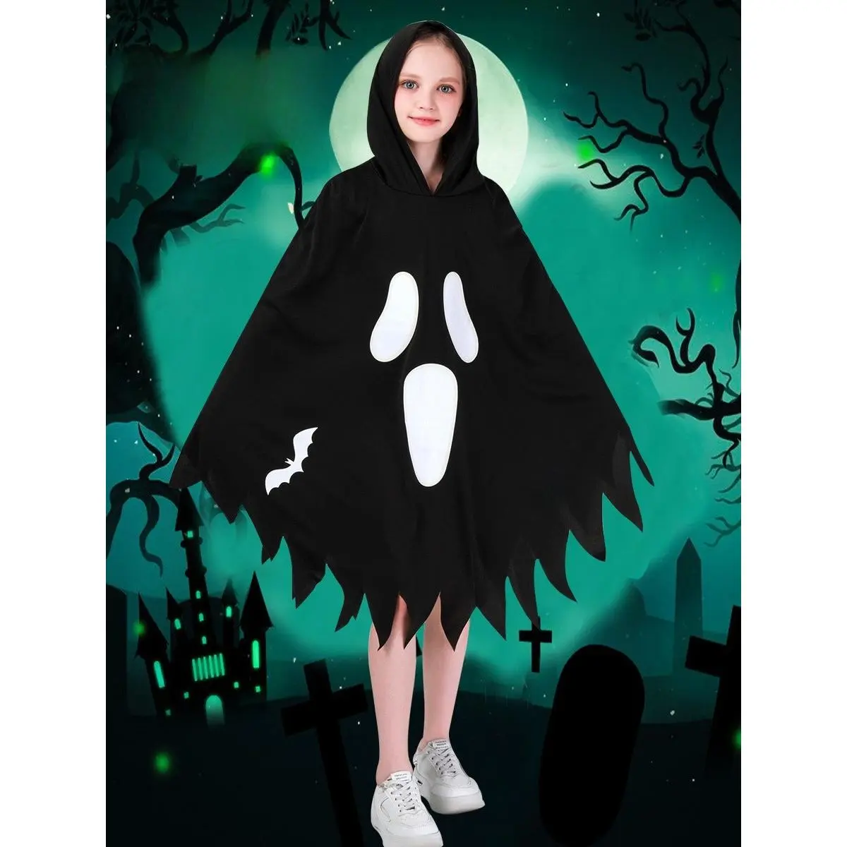 Glow In The Dark Scream Ghost Cloak, White Skull Face Cape Cosplay Costume - Simple, Loose Fit, Fits Most, Includes Masks, for Halloween Party (Festive & Party Supplies), Fabric