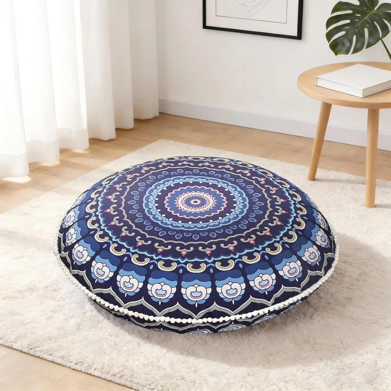 32 Inch Round Floor Pillow for Adults, Large Thick Memory Foam Boho Mandala Meditation Floor Seating Cushion, Machine Washable for Living Room Outdoor Yoga Floor Sitting, Navy Blue