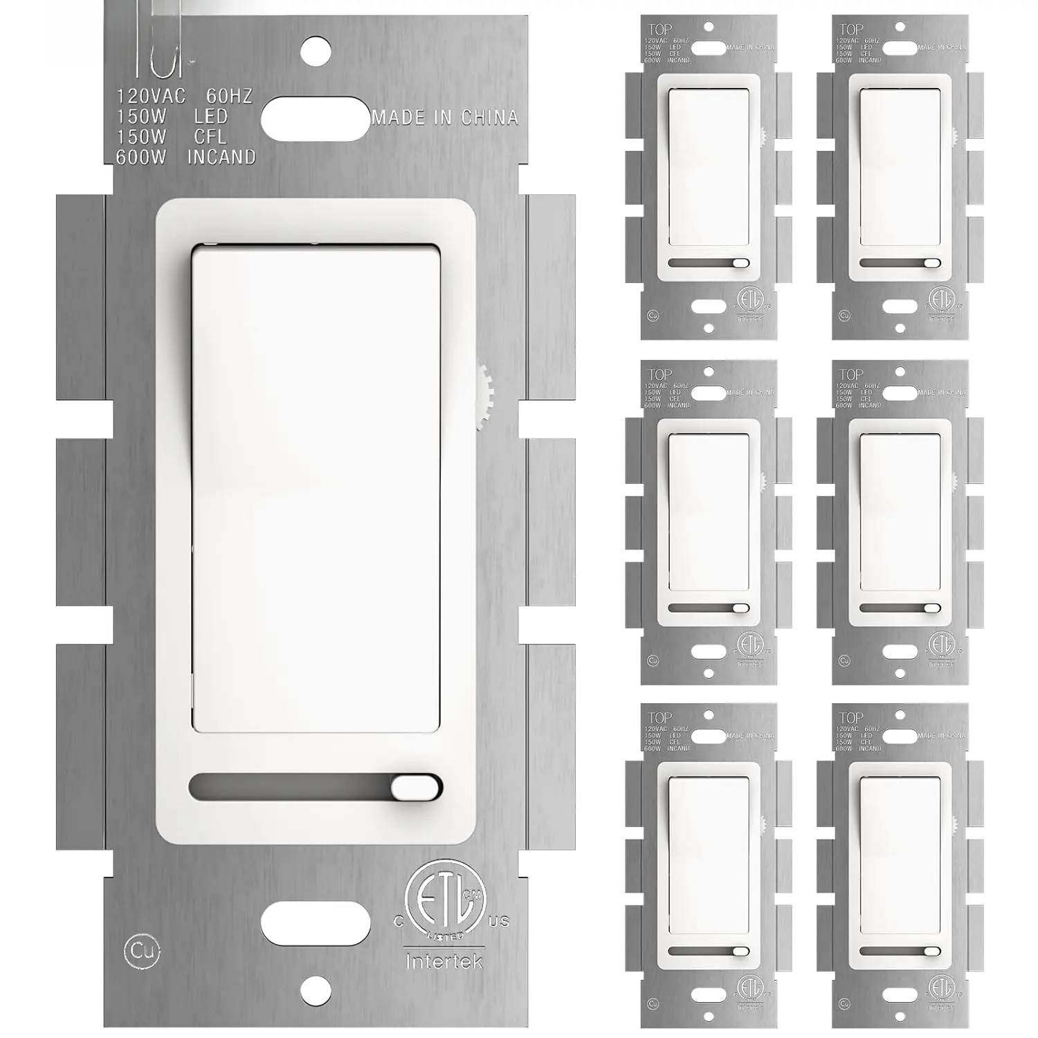 6 Pack Slide Dimmer Switch, Single-Pole or 3-Way, for Dimmable LED Lights (150W), CFL, Incandescent & Halogen Bulbs (600W), No Wall Plate Included, ETL Listed, White
