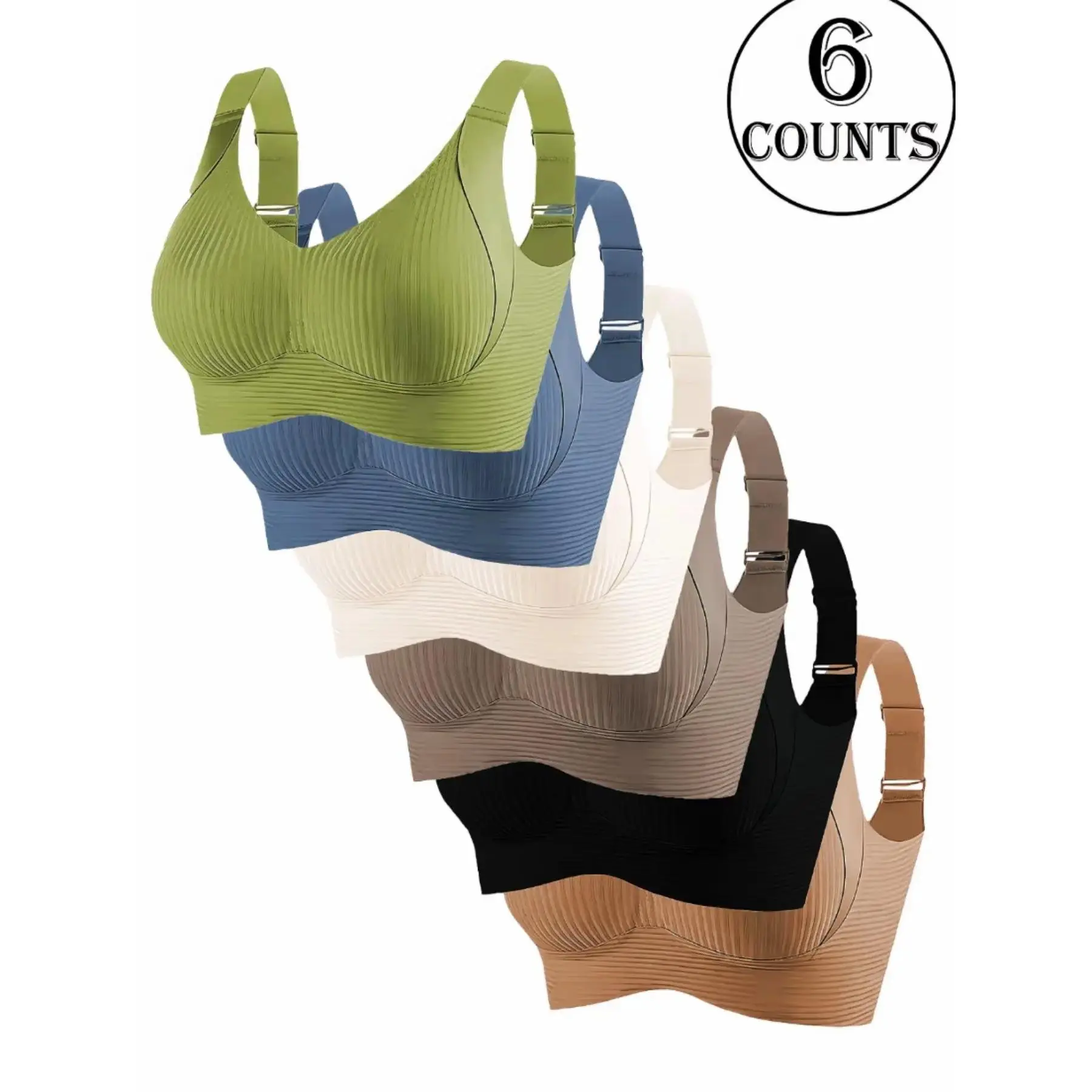 6-Pack Push Up Comfort Bras - Wireless Seamless Lingerie with Adjustable Wide Straps, Supportive Underwear for Lift & Side Coverage, Everyday Wear