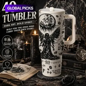 Auracup 1pc 40 oz Sleep Token Insulated Tumbler & Handle and Straw, Gothic Angel Moon Art Stainless Steel Travel Mug, Vacuum-Insulated Water Bottle Keeps Drinks Hot or Cold for Hours, Large-Capacity Car Coffee Thermos Cup, Thermal Cup #GLOBAL PICKS