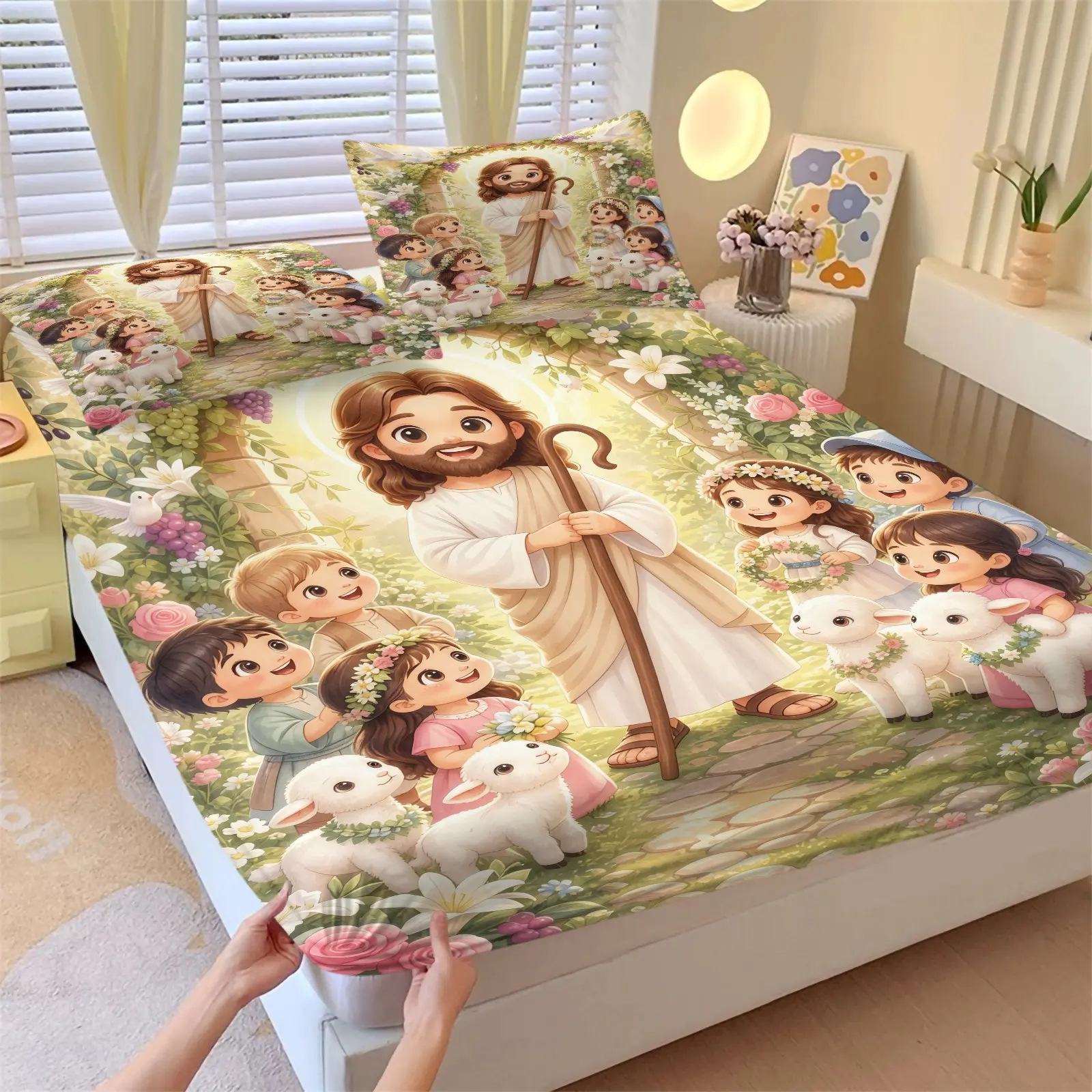 Cartoon Shepherd Kids Lamb Print 3PCS Fitted Sheet Set (1 Fitted Sheet + 2 Pillowcases), Soft Comfortable Breathable Elastic Microfiber Bedding, Non-Slip Deep Pocket Mattress Protector, Sweet Warm Faith Floral Decor For Bedroom