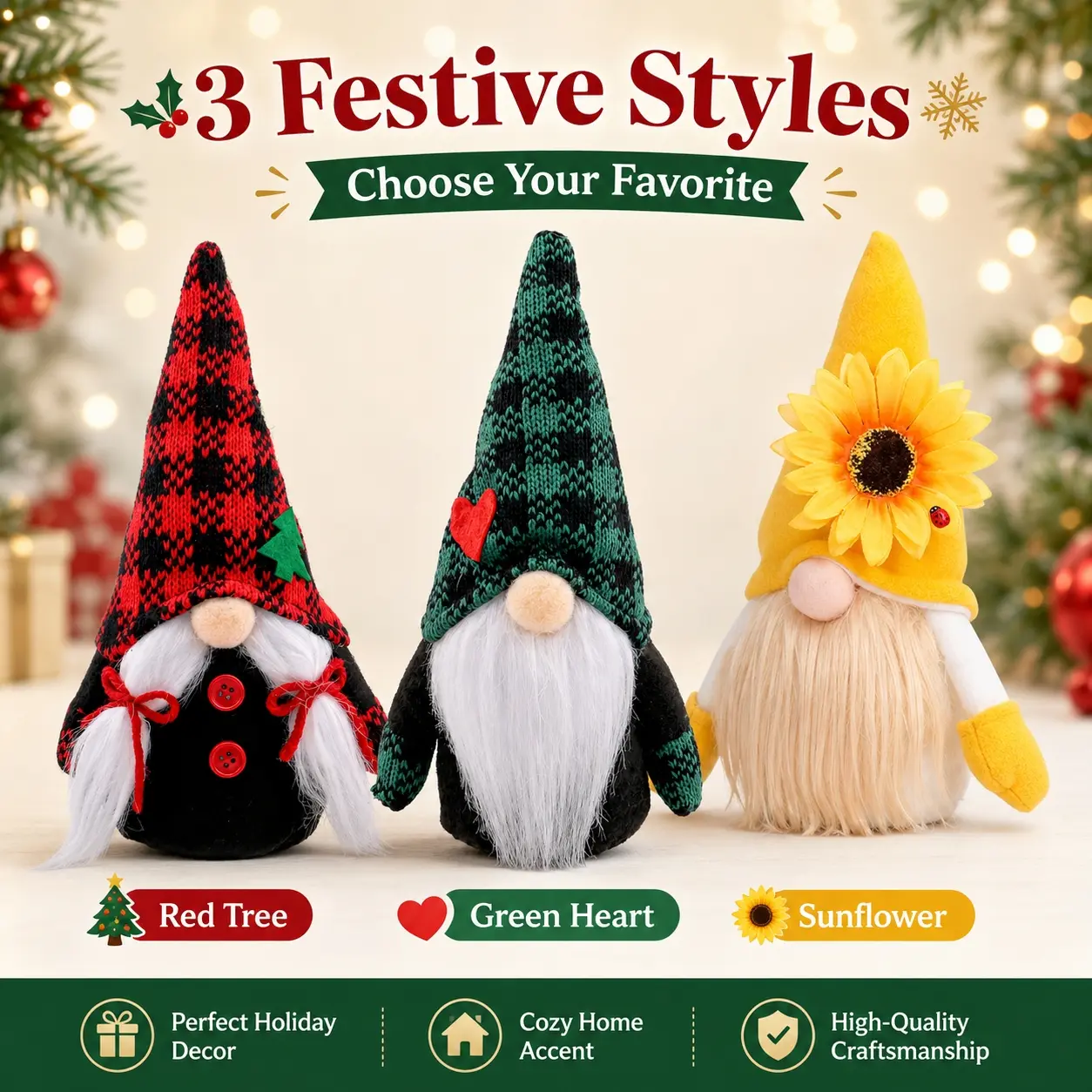 Christmas Gnomes Plush Decor,Cute Style Xmas Gnome Doll with Knitted Plaid Hat, Handmade Faceless Santa Ornament with Love Heart and Sunflower Design,Festive Holiday Tabletop Decoration Gift for Christmas Tree,Fireplace Mantel, Home,Office and Party Decor