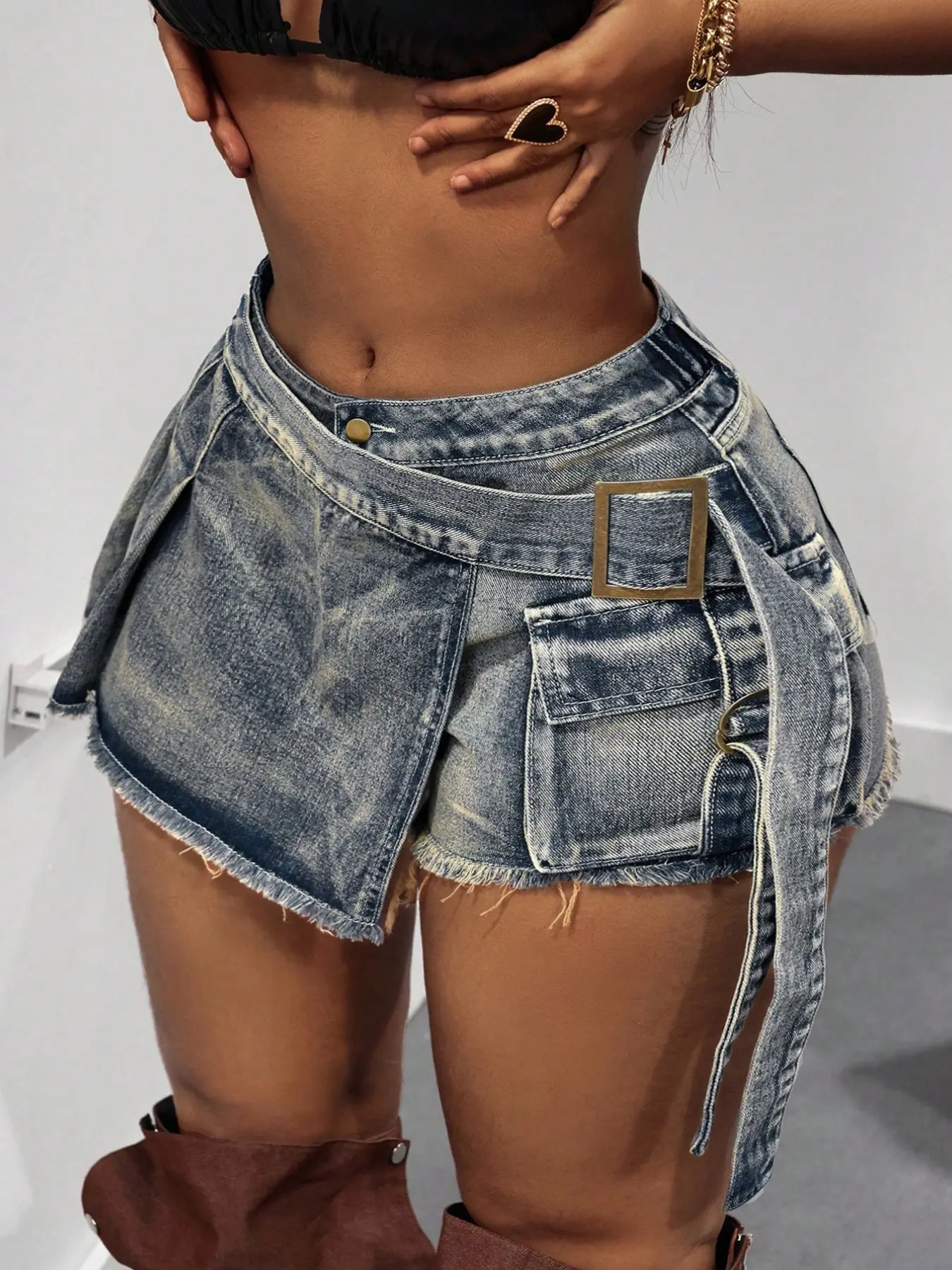 Women's Waist Buckle Design Fashion Denim Workwear Skirt Pants, Stylish and Comfortable, Perfect for Daily Wear and Outdoor Activities