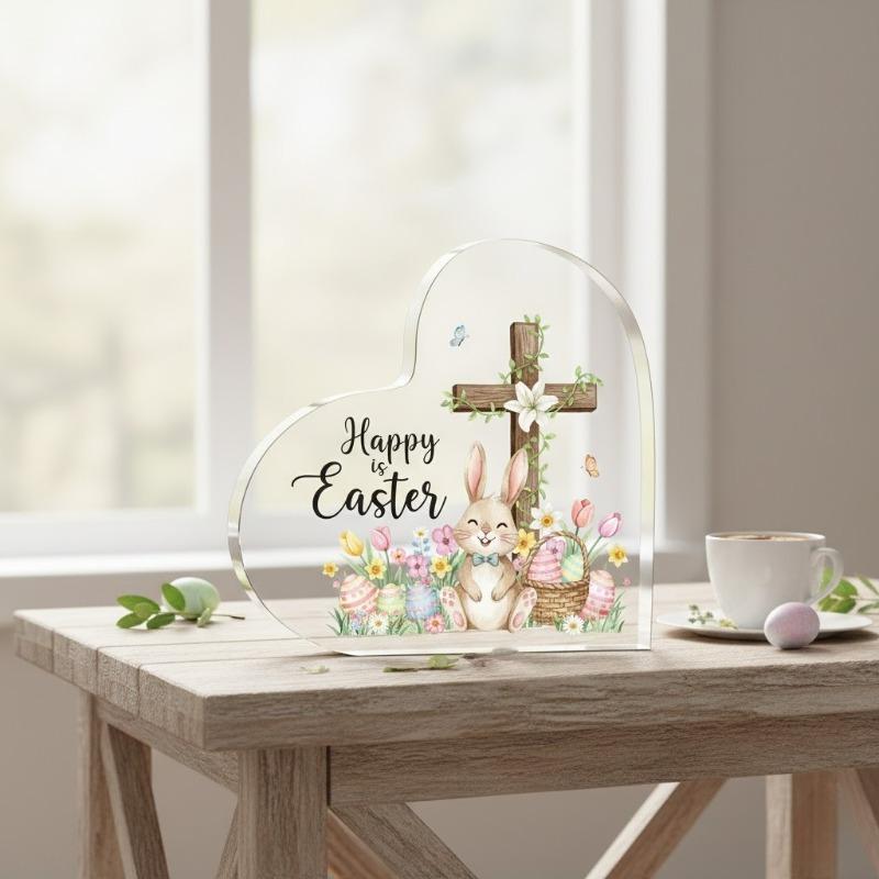 2D Acrylic Heart-shaped Decorative Plaque, Religious Gift, Home & Seasonal Decoration,with Bunny Easter Decor,Home,Cafe,Office,Room