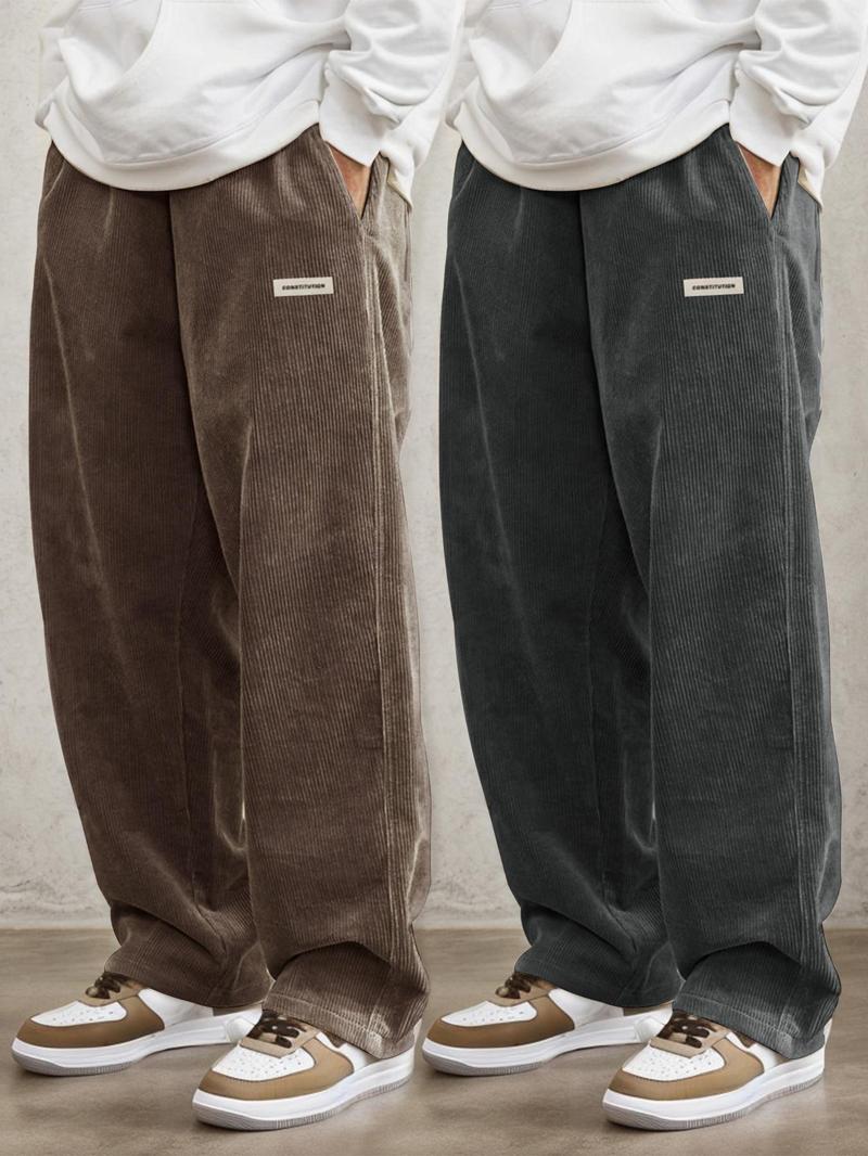 Men's Letter Patched Drawstring Waist Pants Comfy Straight Leg Trousers for Daily Wear, Casual Street Trousers, Men's Bottoms for All Seasons