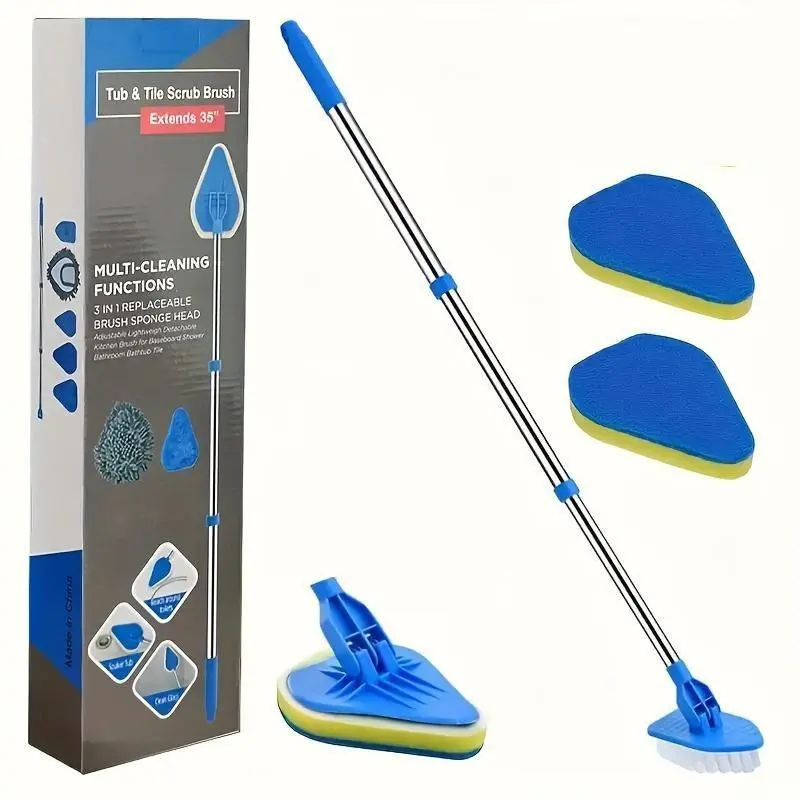 Multi-Functional 2-In-1 Retractable Cleaning Brush, Durable Stainless Steel Handle, 3 Sponge Pads, 1 Scrubbing Brush, Long Reach Tool, Multipurpose Cleaning Tool, House Cleaning Tools, Cleaning Supplies