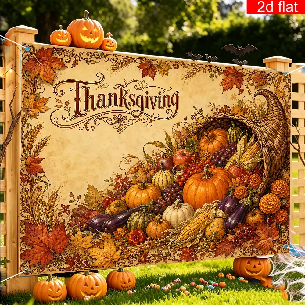 2D flat banner, 1pc, Autumn Thanksgiving themed party banner, polyester, Cornucopia Pumpkin Vegetable Maple Leaf Pattern Backdrop, Thanksgiving Fall Event Decor Cloth, Wall Background Decoration For Indoor Living Room Bedroom
