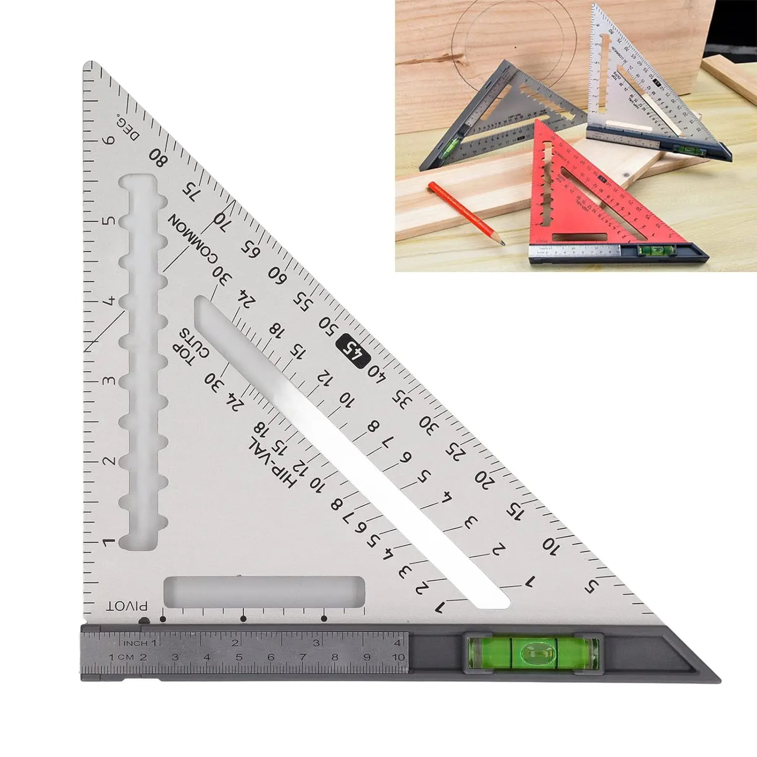 7 Inch Aluminum Alloy Woodworking Triangle Ruler with Level, Silver Color Carpenter Measuring Tool