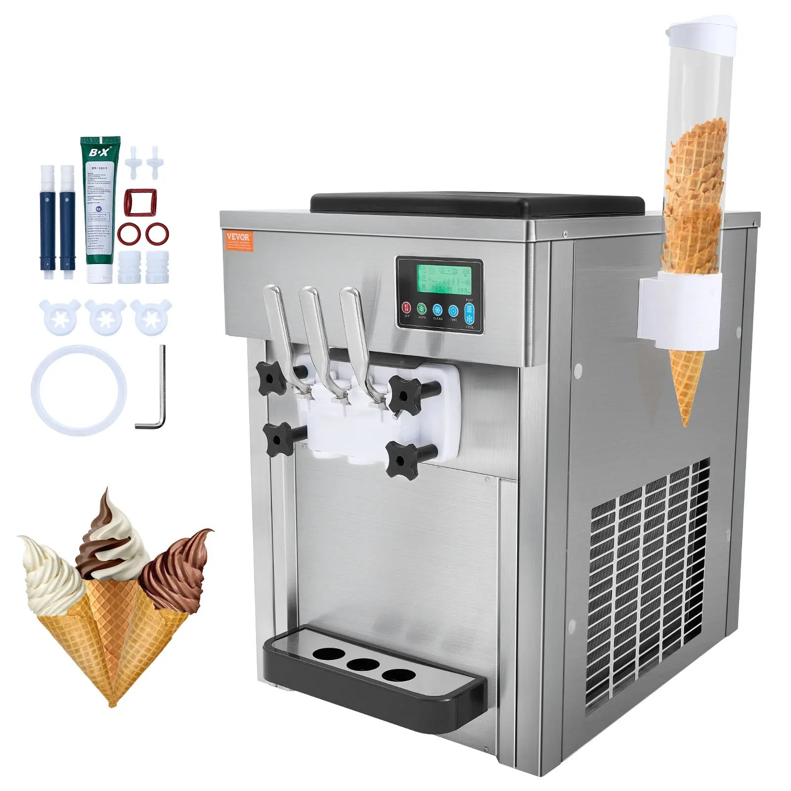 【DealsForYouDays】VEVOR Commercial Stainless Steel Soft Serve Ice Cream Machine, 21QT/H Output, 1800W 3-Flavor Compact Countertop Maker, 2x4L Hoppers 2x1.8L Cylinders, LCD Display, Auto Cleaning, Pre-Cooling for Restaurants