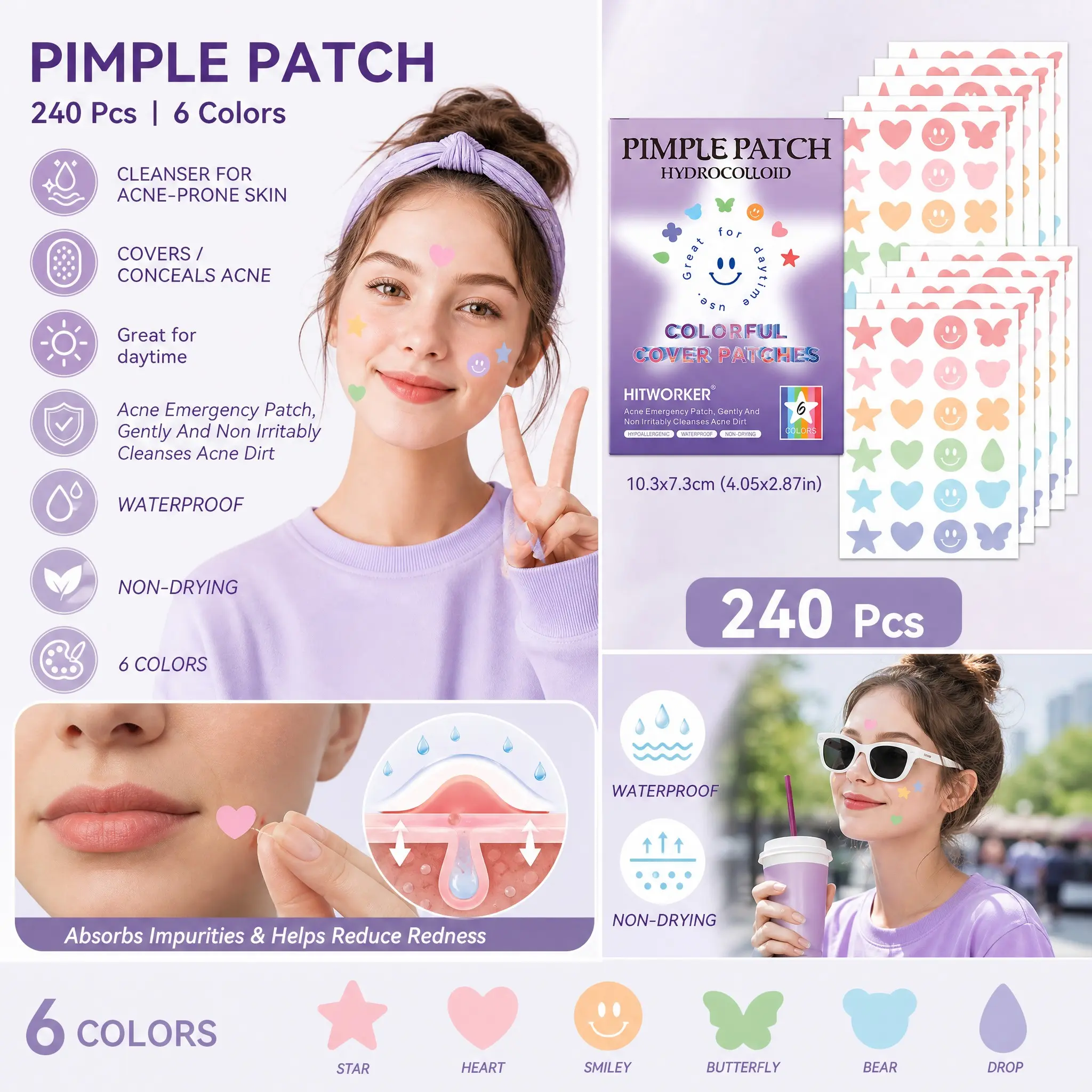 Hydrocolloid Pimple Patches 240 Pcs, 6 Colors Cute Star Heart Smiley Butterfly Acne Cover Stickers, Waterproof Invisible Blemish Spot Dots for Face