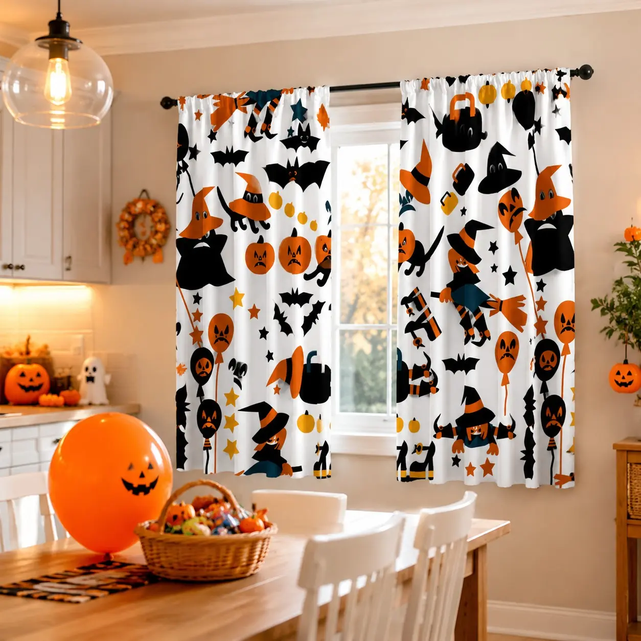 2 pieces, pole-mounted semi-transparent curtains with high-definition digital printing, featuring cartoon Halloween witch, pumpkin and bat prints. Suitable for living room, bedroom, dining room, and home party decoration.