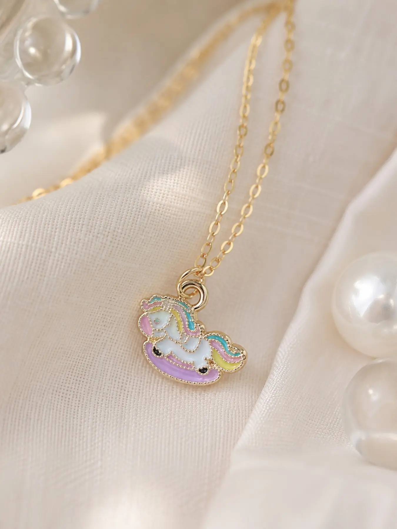 Pastel Enamel Rocking Unicorn Pendant Necklace, Elegant Fantasy Charm Chain Jewelry, Sweet Accessory for Women and Girls