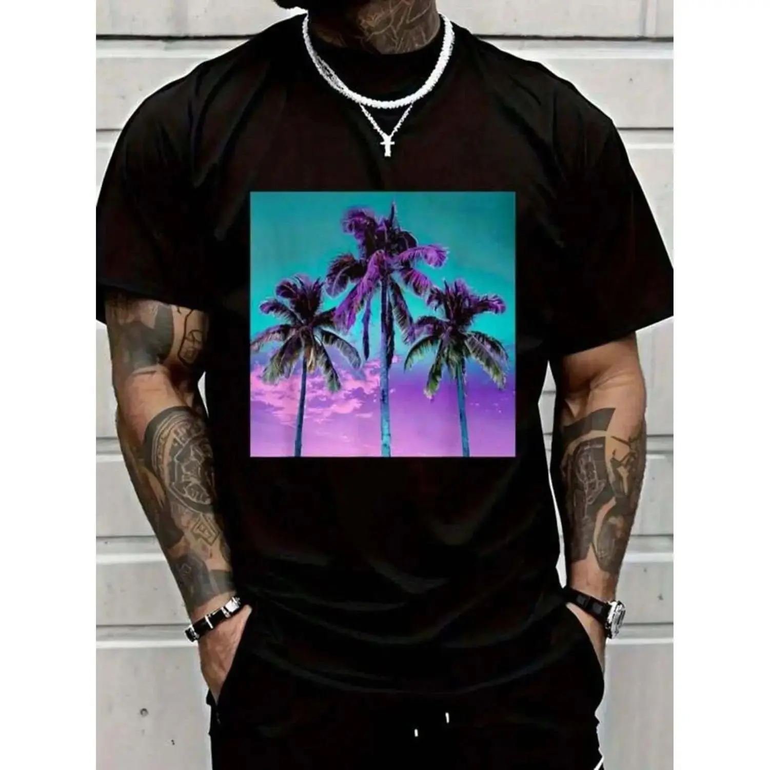 Men's Graphic T-Shirt - Vintage Tropical Palm Tree Print, Soft Lightweight Breathable Cotton Crew Neck in Turquoise, Breathable Fabric, Turquoise Graphic Men's Short-Sleeve T-Shirts, Tshirt