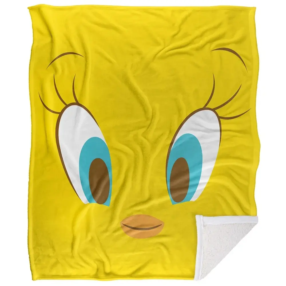Bright Yellow Double-Layer Sherpa Throw Blanket Cute Cartoon Big Face Eye Print Soft Flannel Surface Fuzzy White Lining Cozy Warm Blanket for Sofa Bed Casual Daily Use Lovely Gift