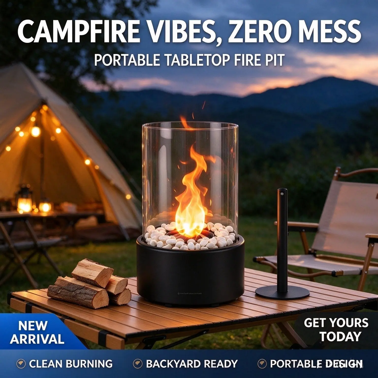 Outdoor Decor Fireplace with Protective Glass, 1PC Tabletop Fireplace Heater, for Indoor & Outdoor Use, Desktop Decor & Heating, Balcony Ambient Decor, Winter Gift for Christmas & Halloween