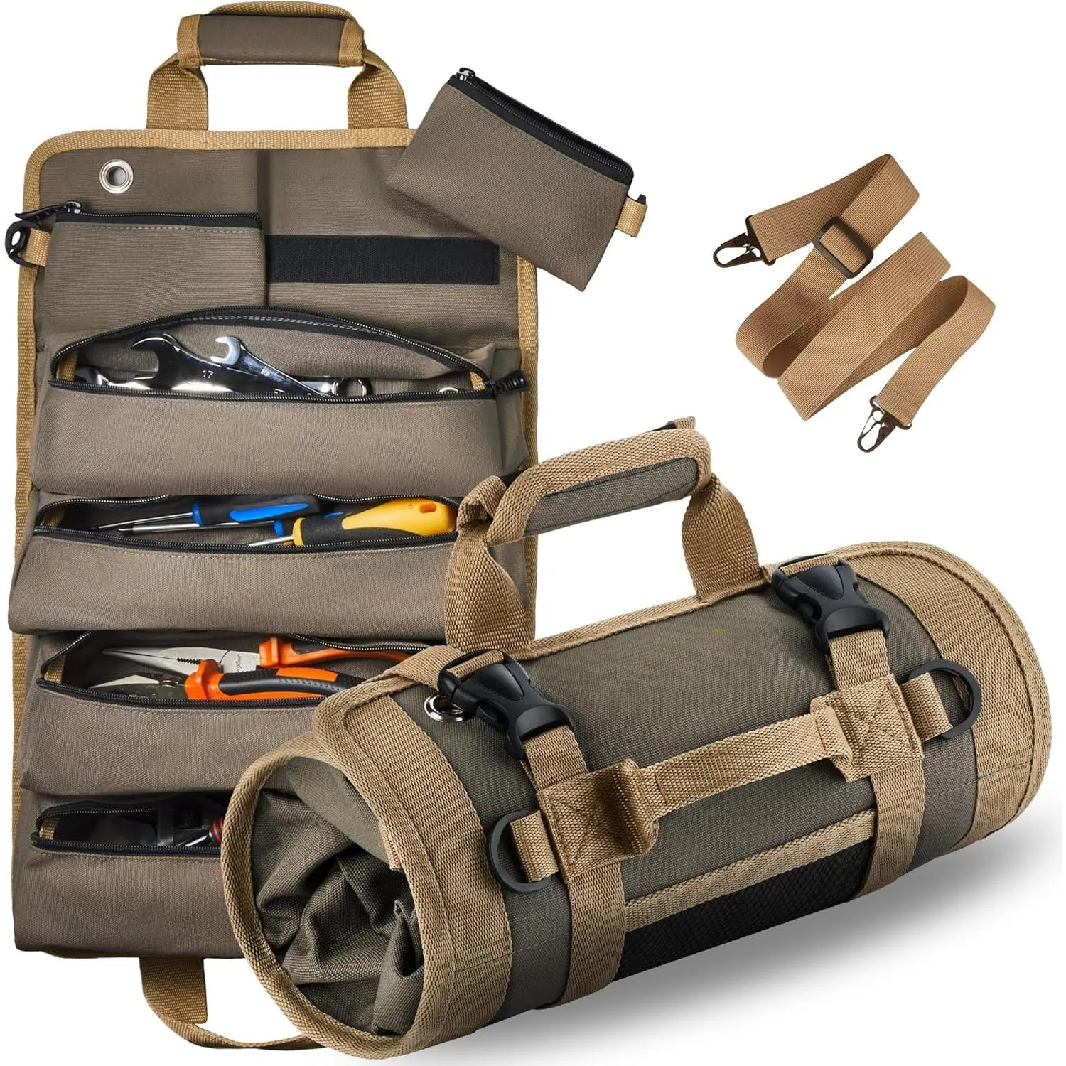 Roll Up Tool Bag Organizer Gifts  Dad. Heavy Duty Motorcycle Tool Roll Bag Organizer. Portable Rollup Toolbag w/Detachable Pouches - Tools Bags Mens gifts  him - Mechanic & Electrician New model