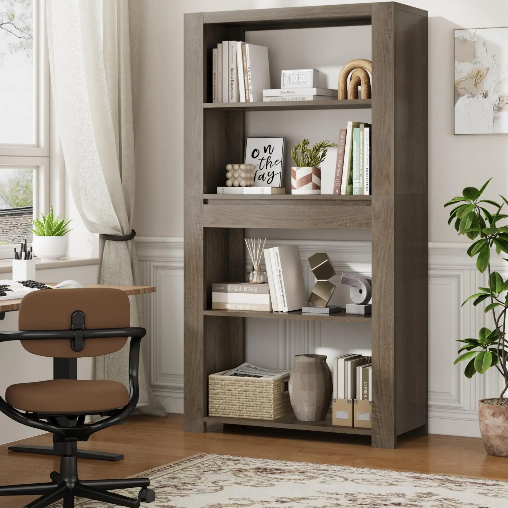 72" Tall Vintage Bookcase with Drawer, 4 Tier Open Storage Shelf, Wooden Display Rack  or Home Office Living Room Bedroom
